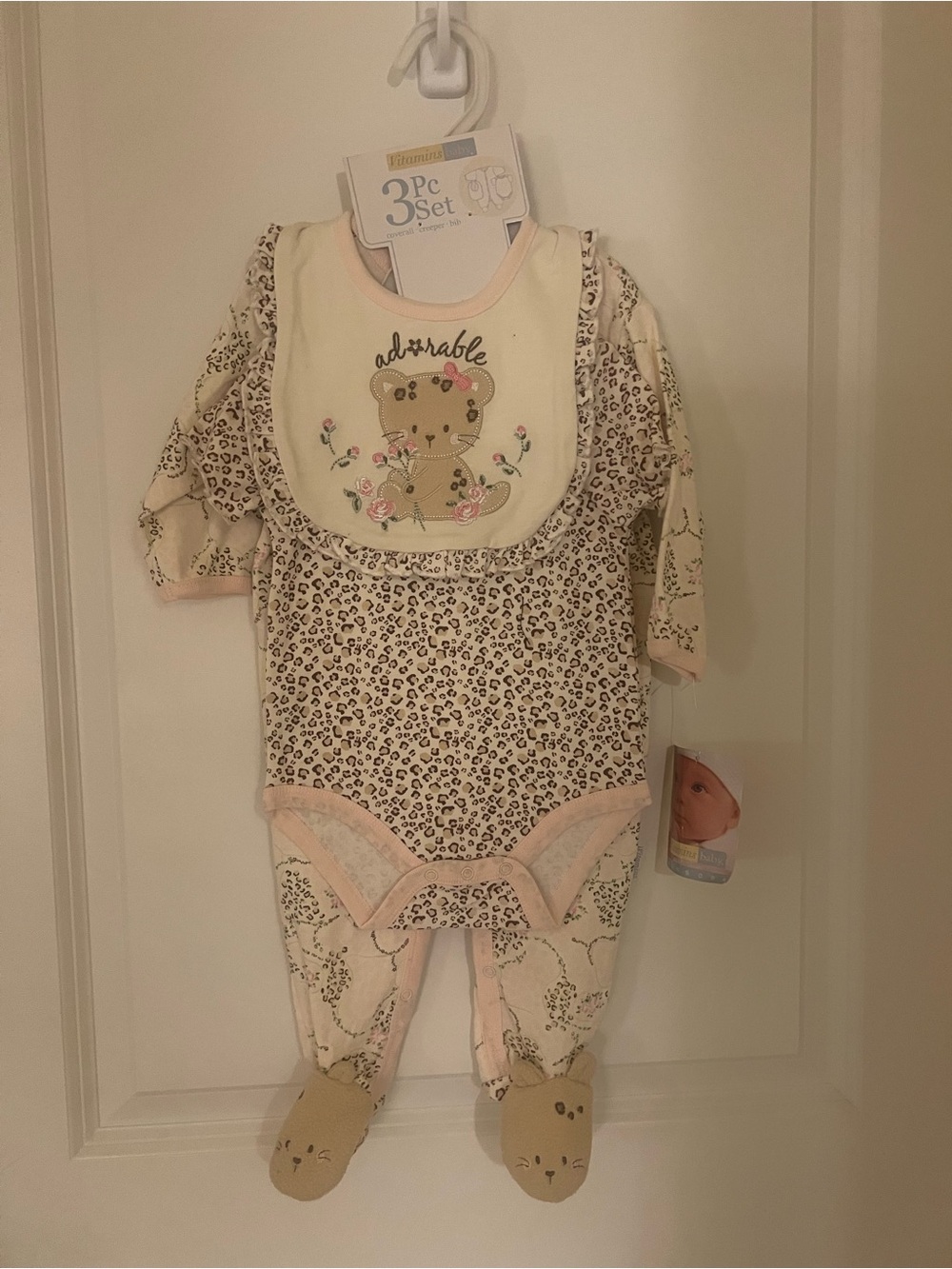 Vitamin A Cream and Pink Leopard 3-Piece Footie Set